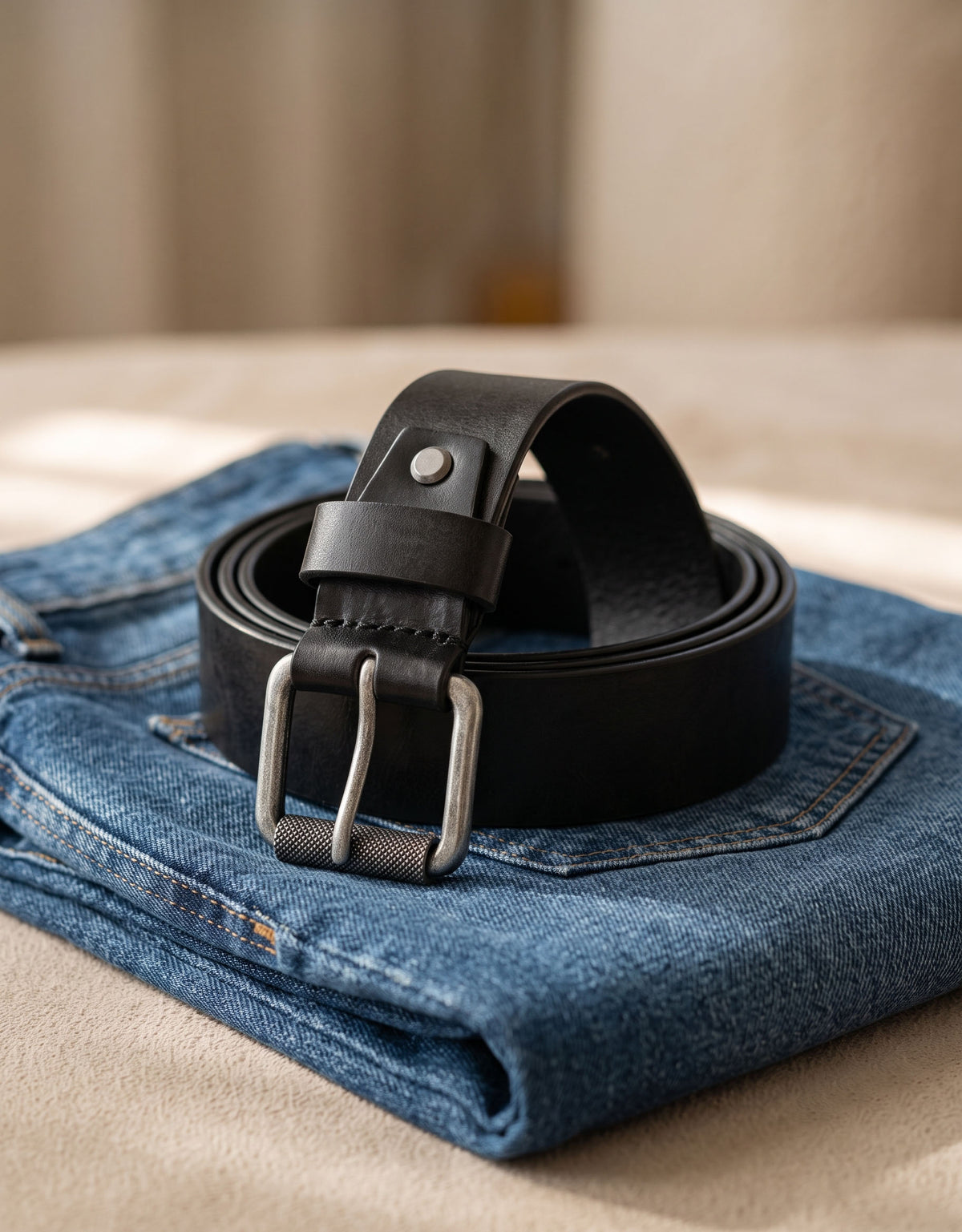 Classic Black Leather Belt with Rivet Detail