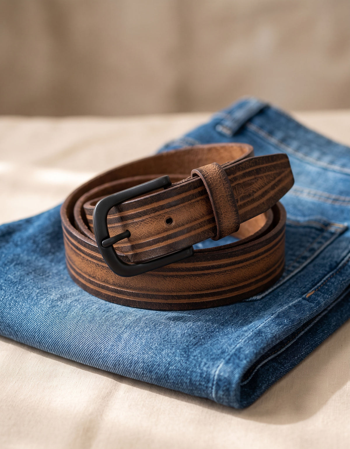 Vintage Brown Leather Belt with Matte Black Buckle