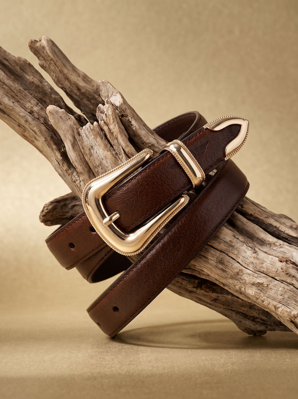 Brown Leather Belt with Gold Buckle