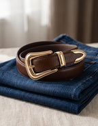 Brown Leather Belt with Gold Buckle