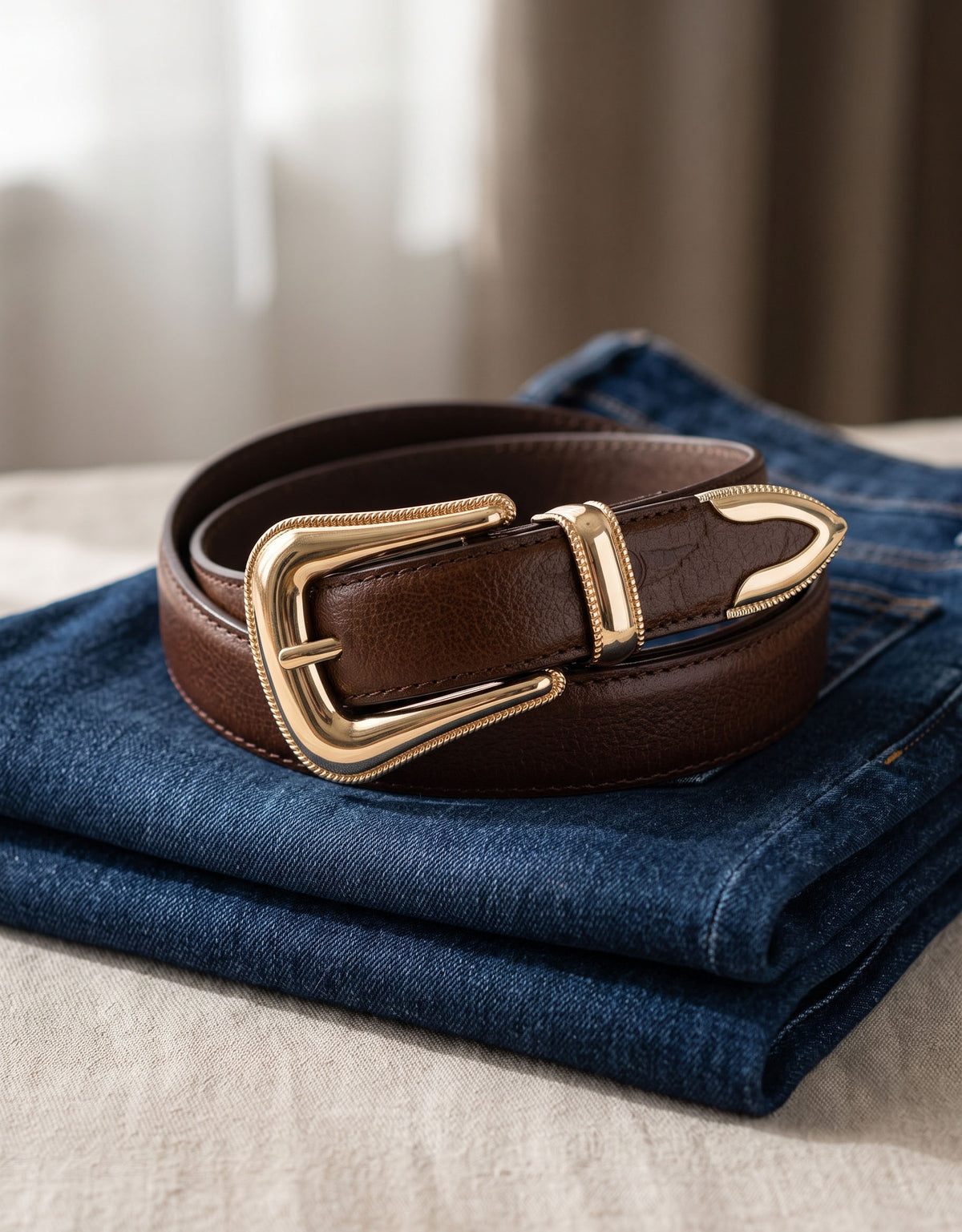 Brown Leather Belt with Gold Buckle