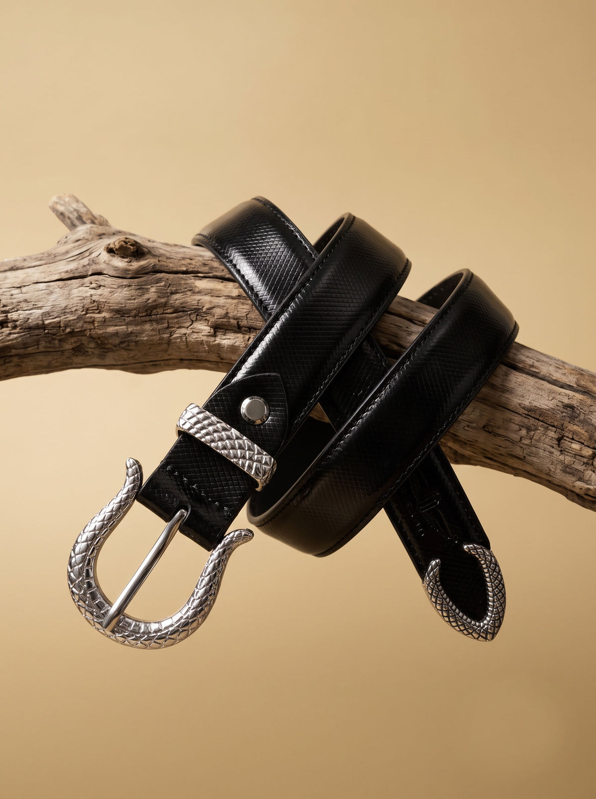 Black Textured Leather Belt with Silver Buckle