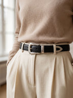 Elegant Black Leather Belt with Silver Buckle