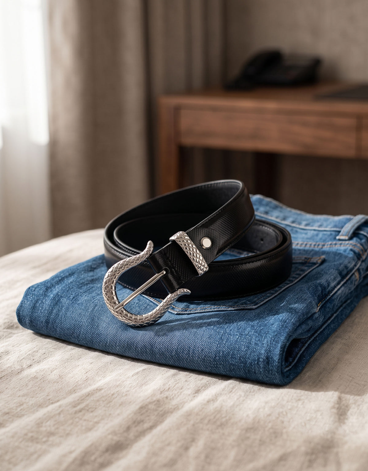 Black Textured Leather Belt with Silver Buckle
