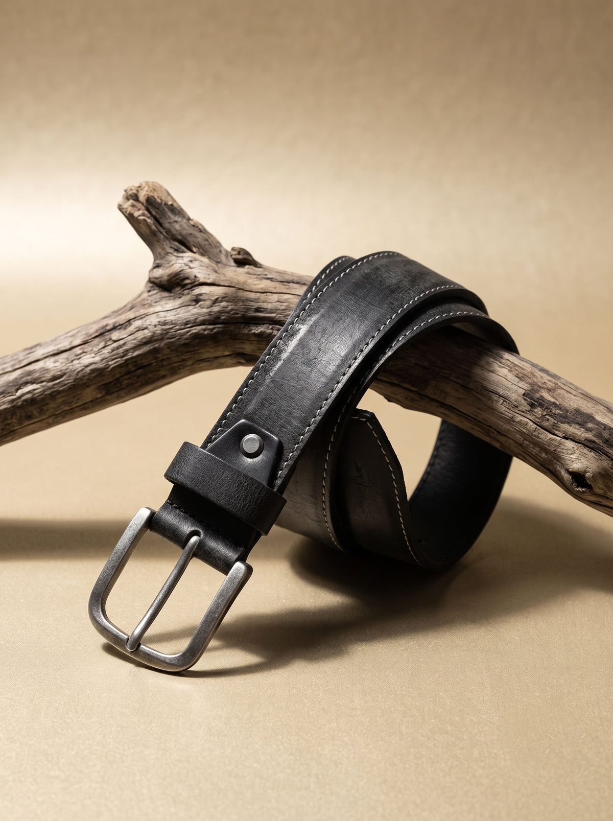 Classic Black Leather Belt with Contrast Stitching