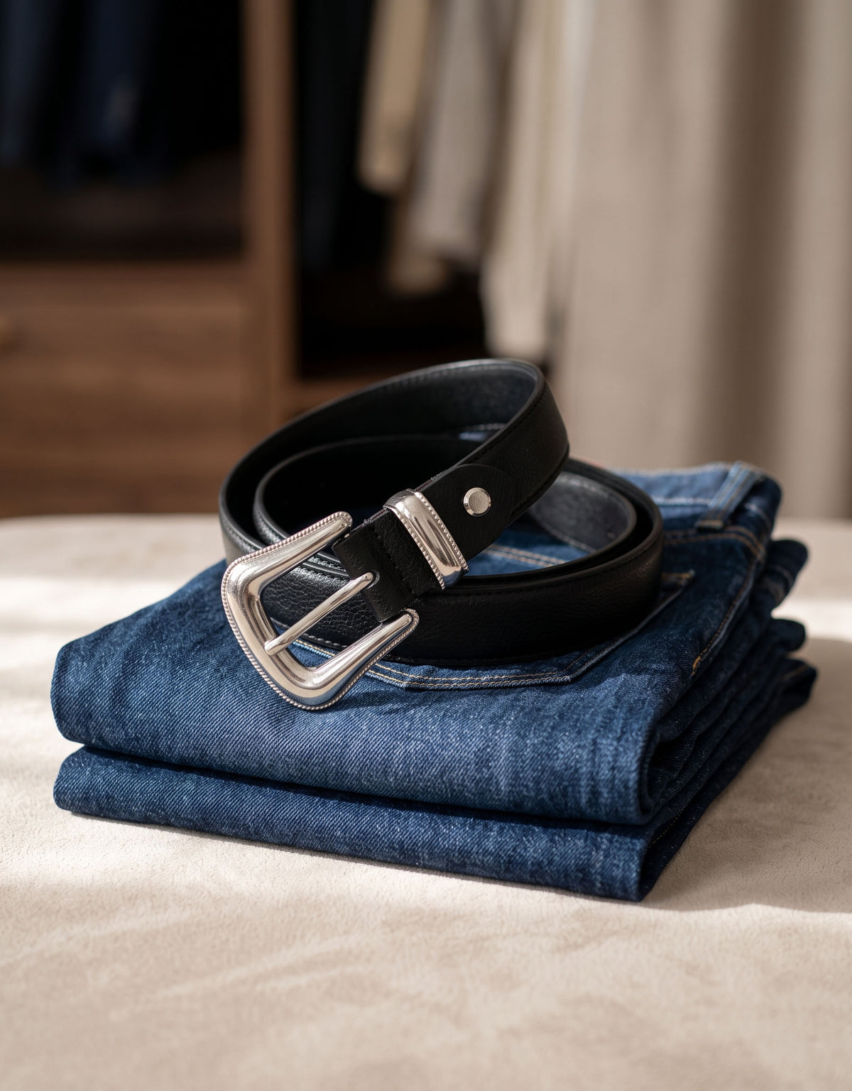 Elegant Black Leather Belt with Silver Buckle