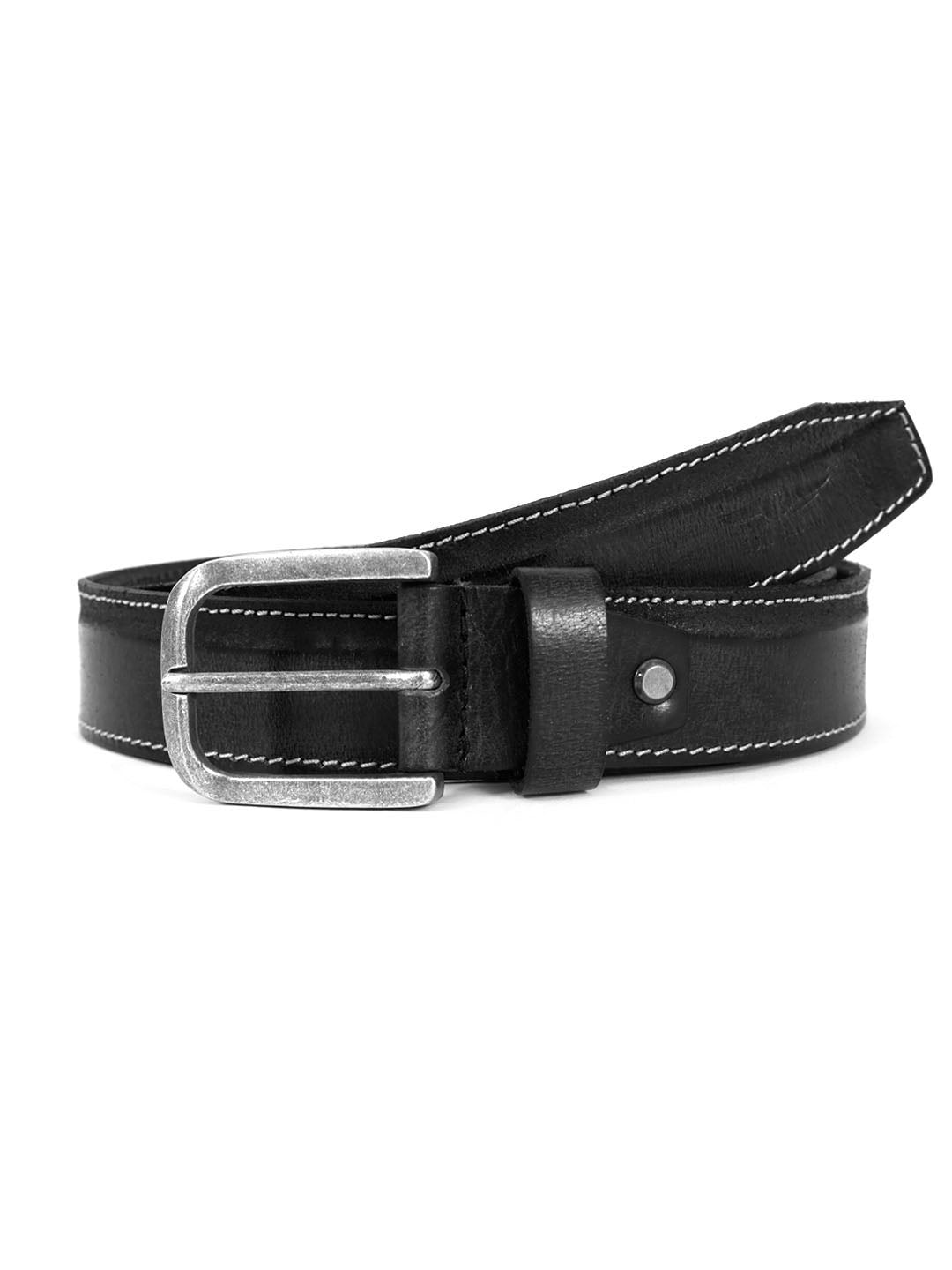 Classic Black Leather Belt with Contrast Stitching