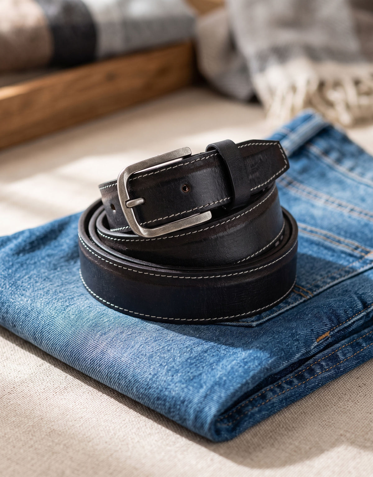 Classic Black Leather Belt with Contrast Stitching