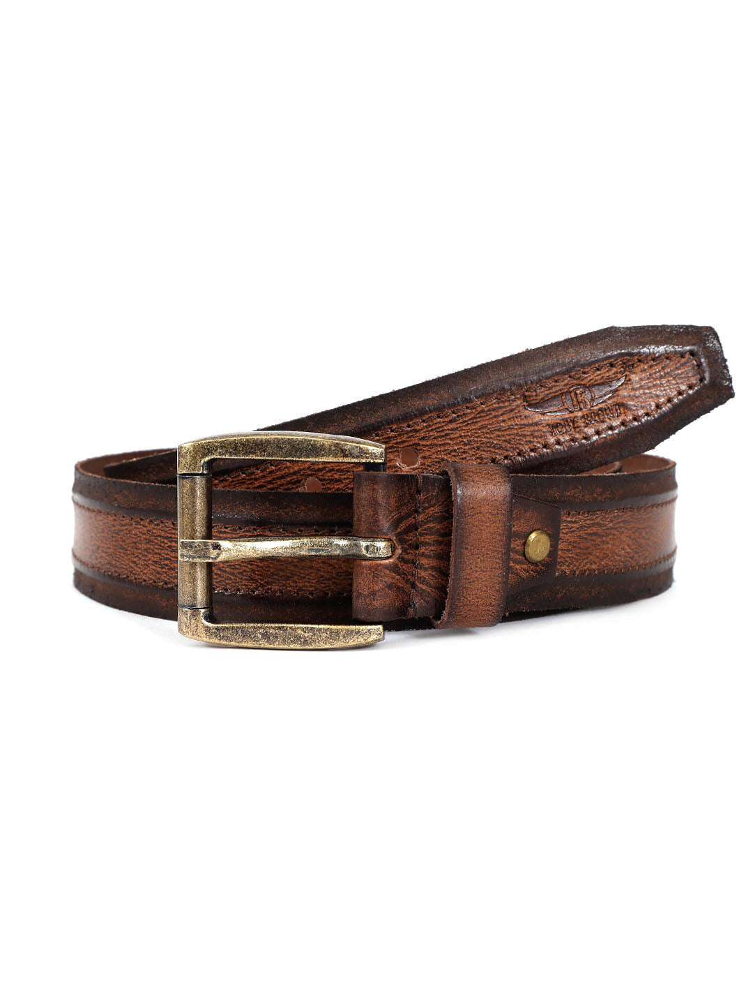 Vintage Striped Brown Leather Belt with Black Buckle
