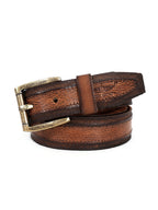 Vintage Striped Brown Leather Belt with Black Buckle