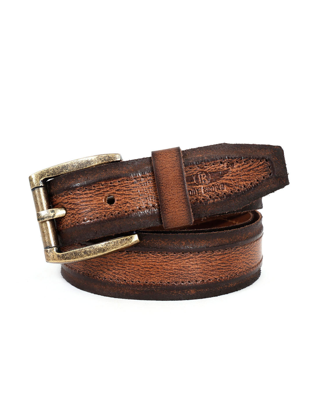 Vintage Striped Brown Leather Belt with Black Buckle