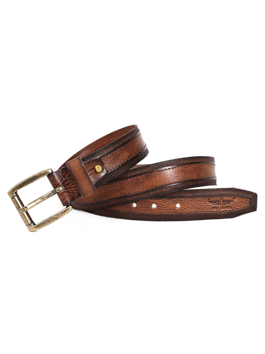 Vintage Striped Brown Leather Belt with Black Buckle