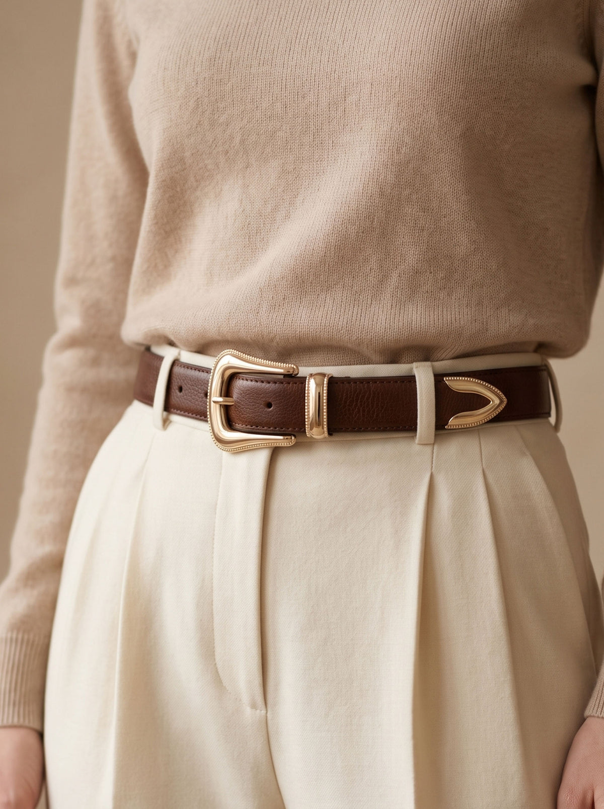 Brown Leather Belt with Gold Buckle
