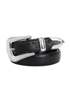 Elegant Black Leather Belt with Silver Buckle
