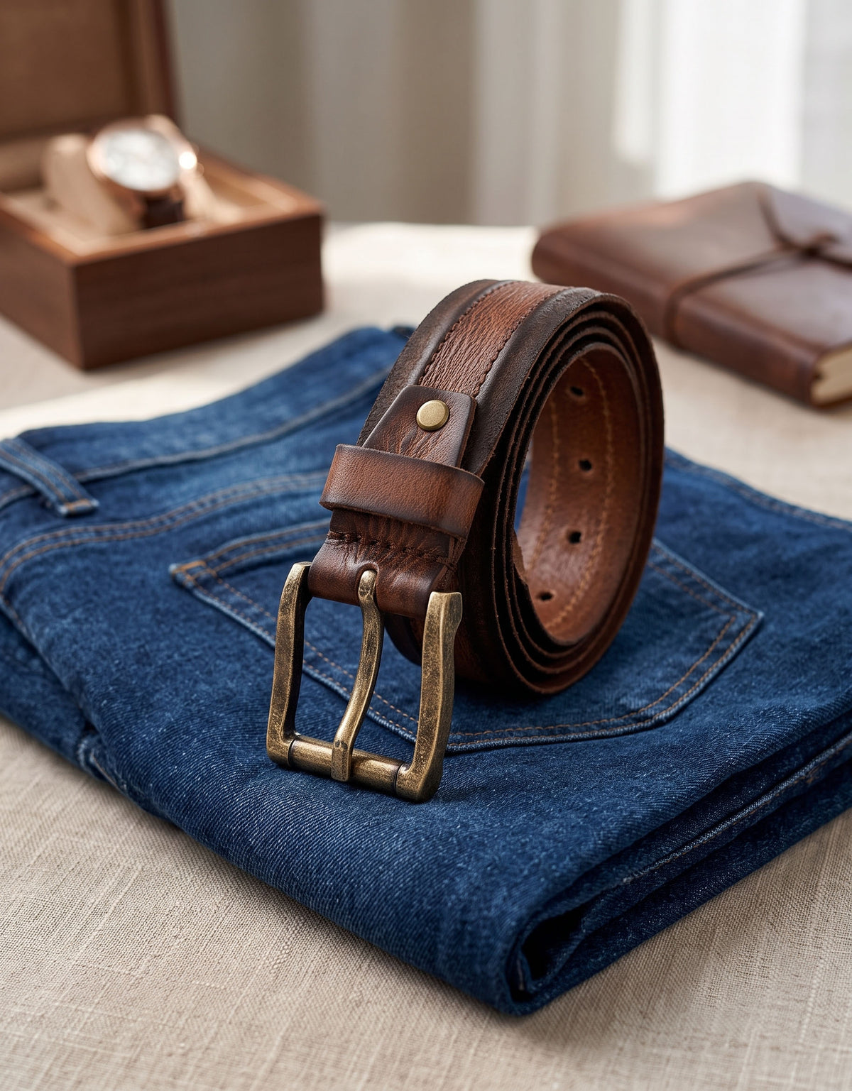 Vintage Striped Brown Leather Belt with Black Buckle