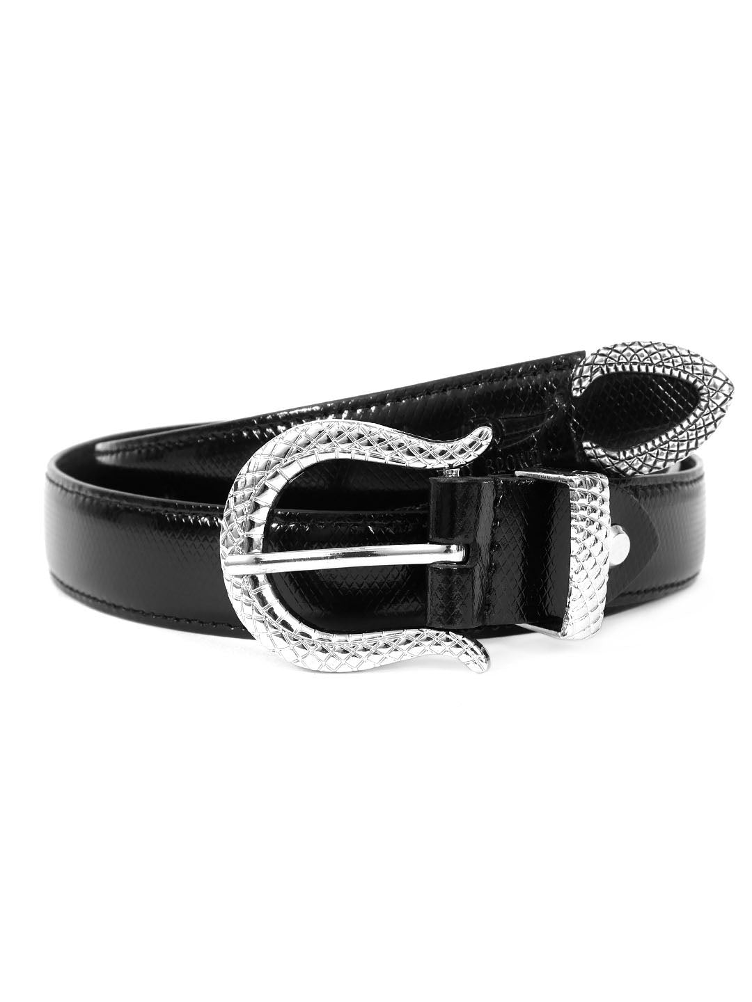 Black Textured Leather Belt with Silver Buckle