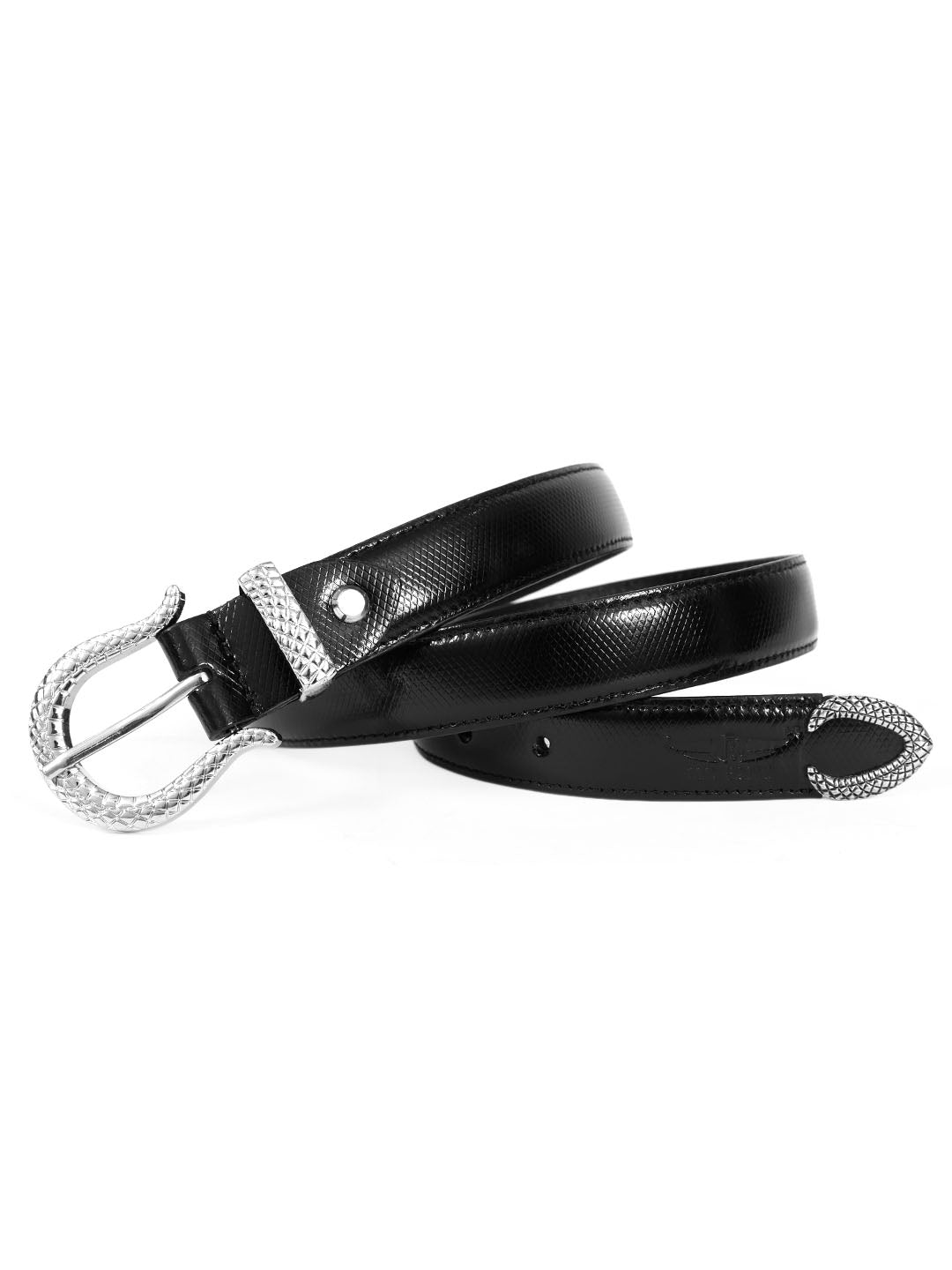 Black Textured Leather Belt with Silver Buckle