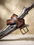 Vintage Striped Brown Leather Belt with Black Buckle