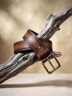 Vintage Striped Brown Leather Belt with Black Buckle