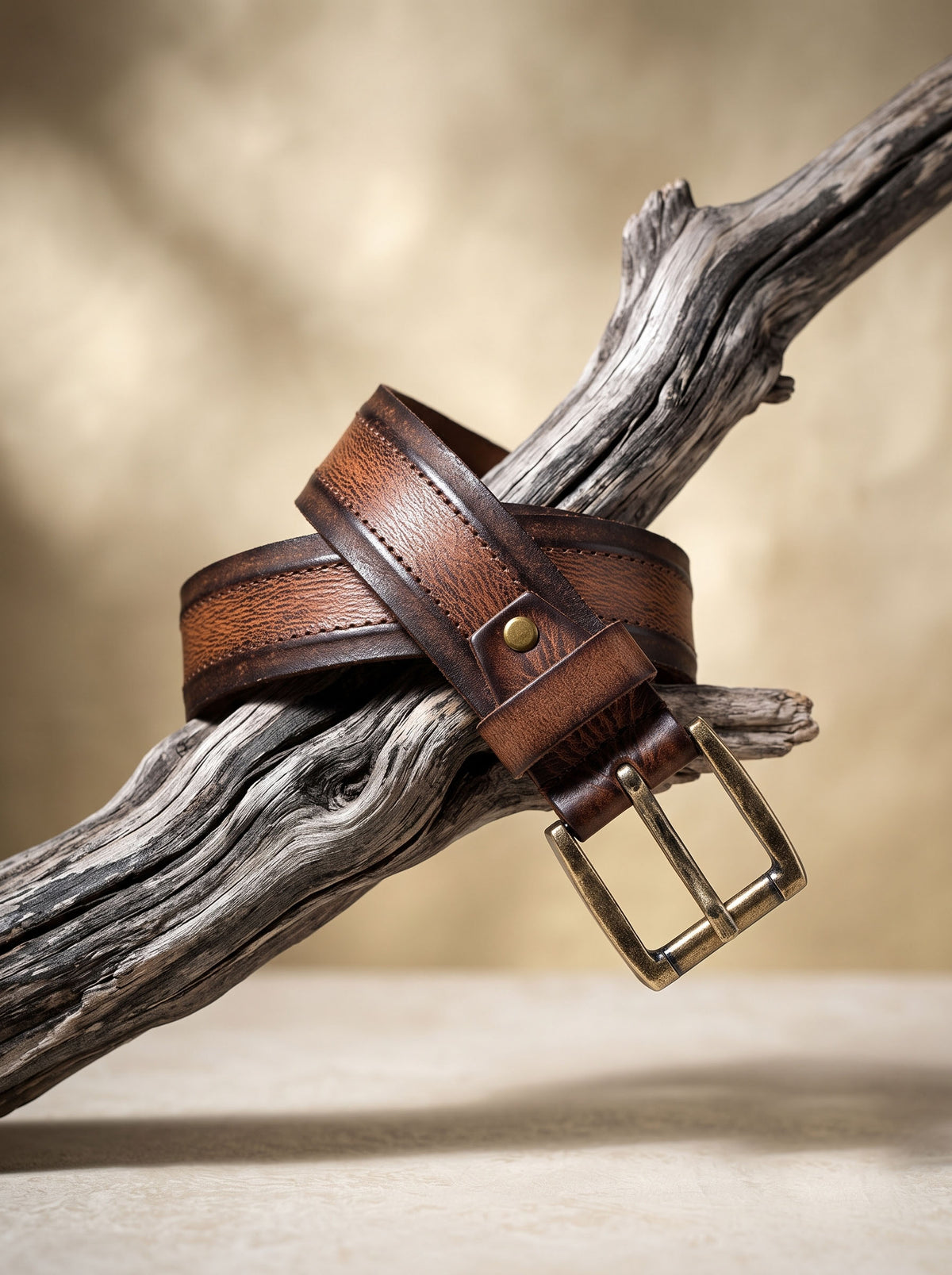 Vintage Striped Brown Leather Belt with Black Buckle