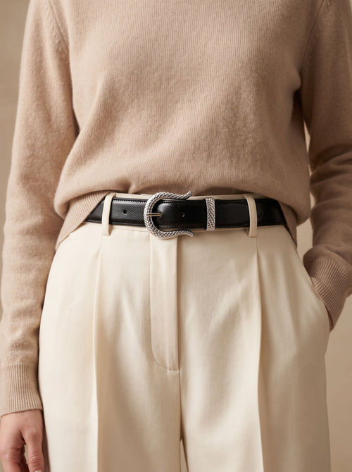 Black Textured Leather Belt with Silver Buckle