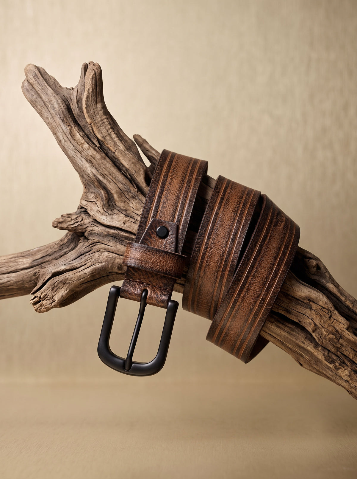 Vintage Brown Leather Belt with Matte Black Buckle