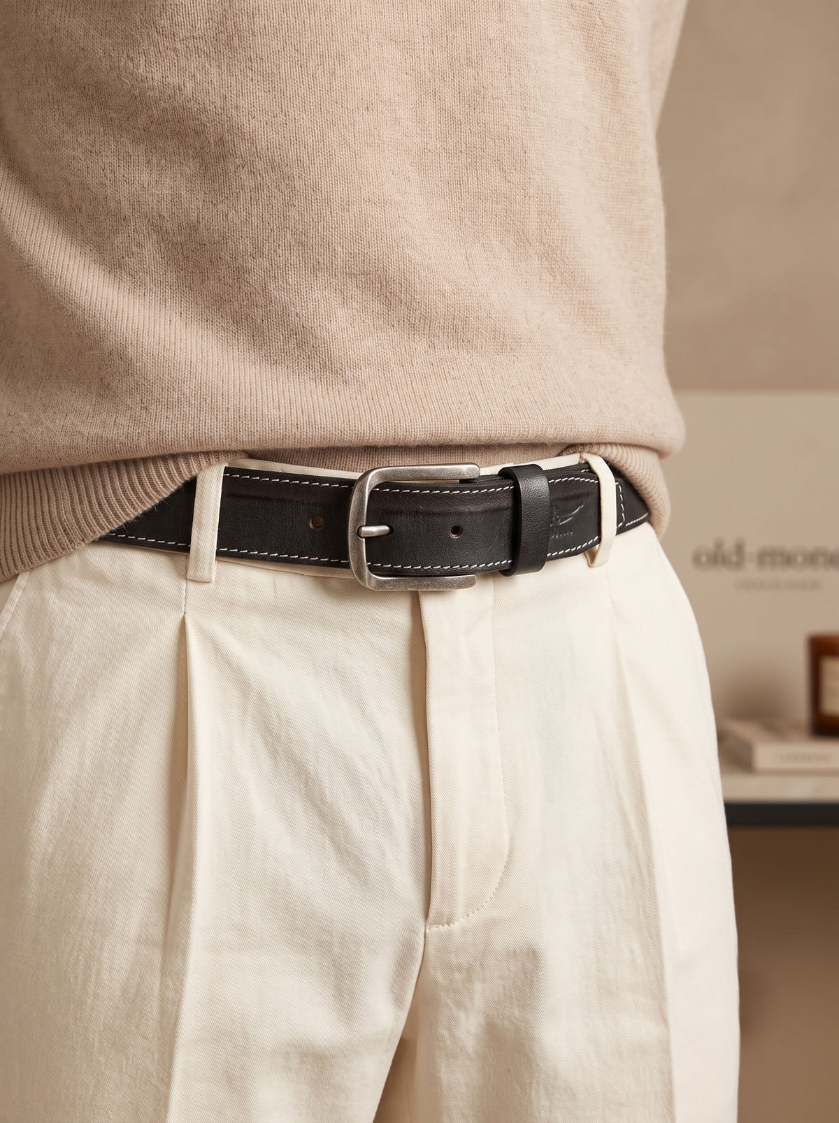 Classic Black Leather Belt with Contrast Stitching