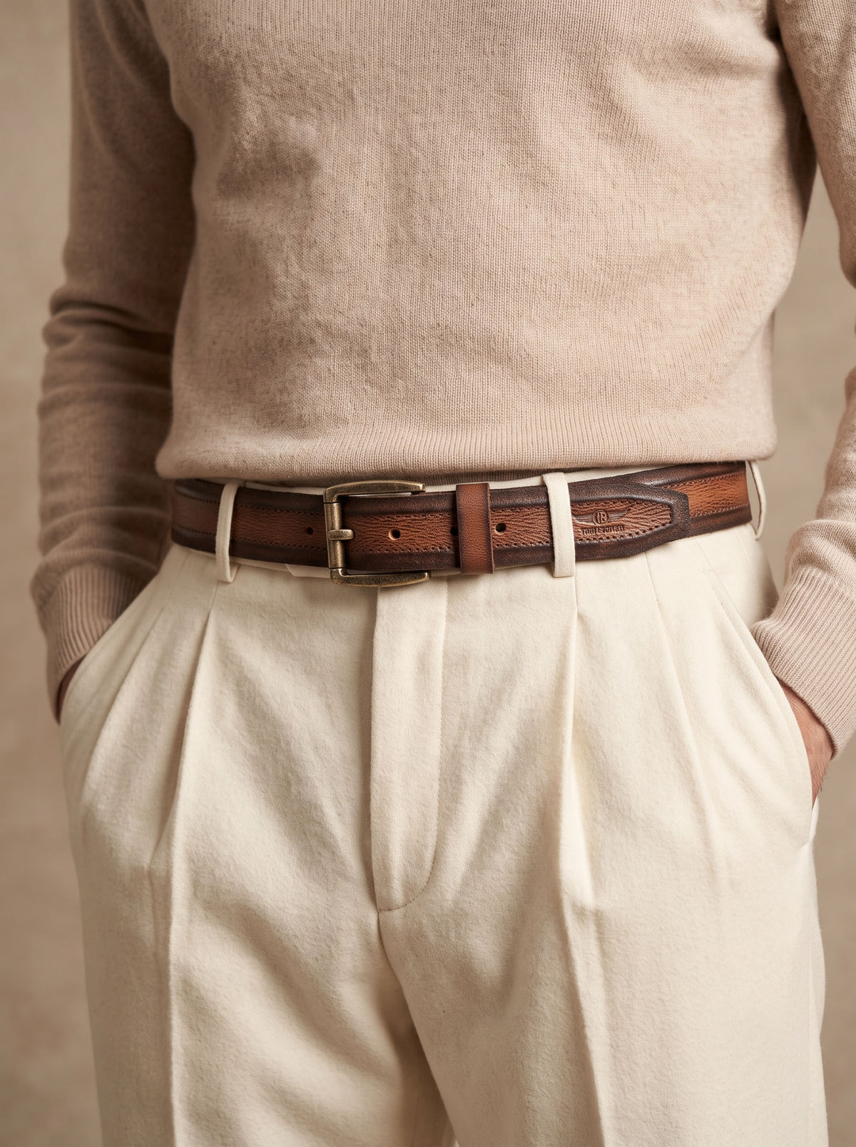 Vintage Striped Brown Leather Belt with Black Buckle